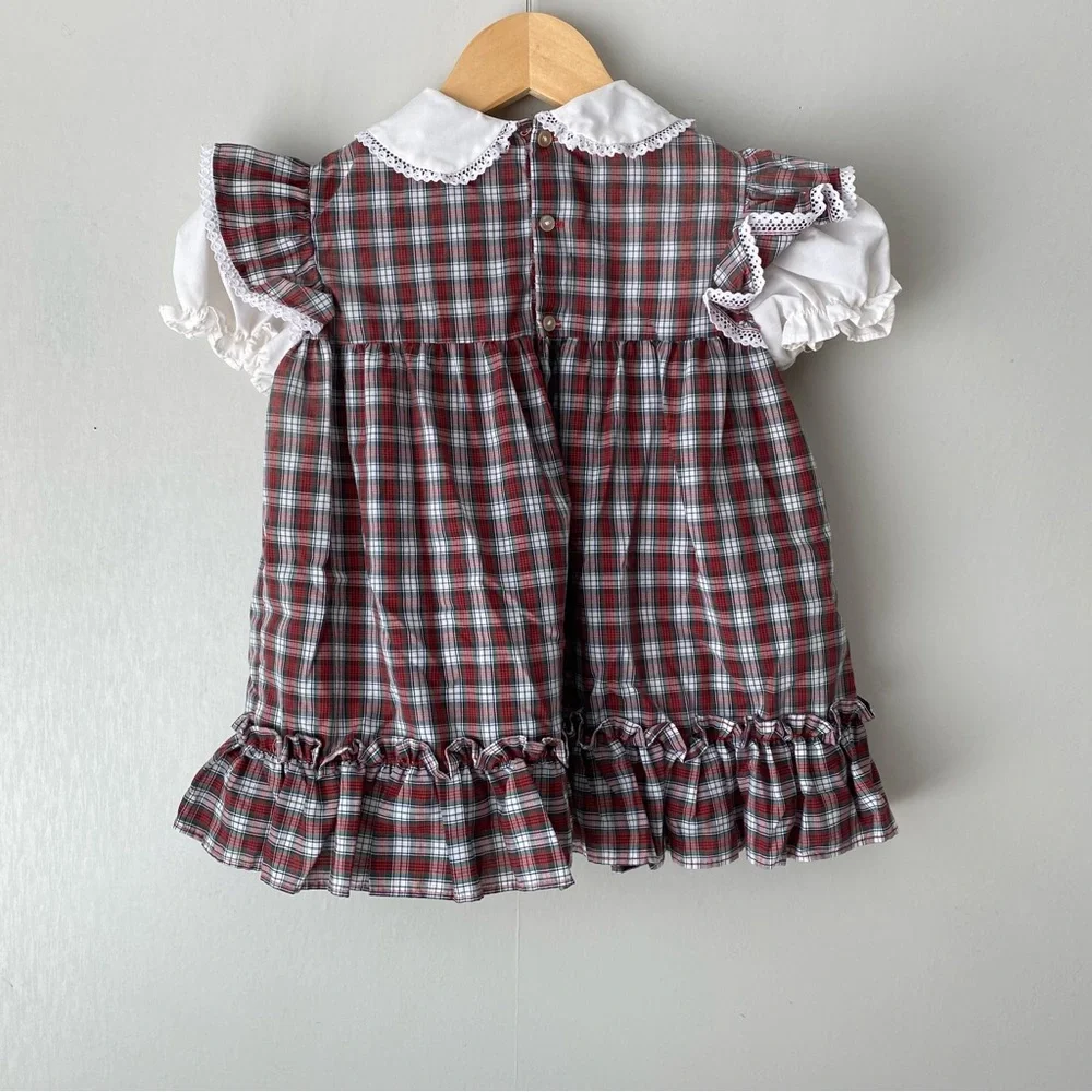 Vintage JCPenney Toddletime Puff Sleeve Plaid Fall Leaf Embroidered Dress 2-3T